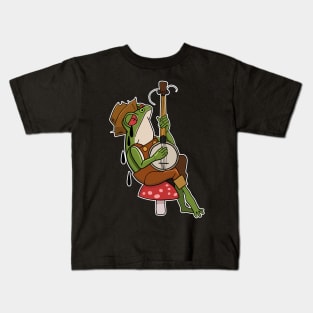 Tattoo Art Sad Frog on toadstool with banjo Kids T-Shirt